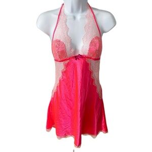 Victoria's Secret Hot Pink Babydoll Slip Dress Lace Trim Y2K Chemise Coquette M